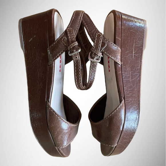 PRADA BROWN WEDGE SANDALS SIZE 37 - Picture 6 of 16